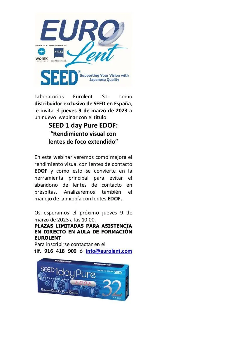 Convocatoria del webinar SEED 1 Day Pure EDOF